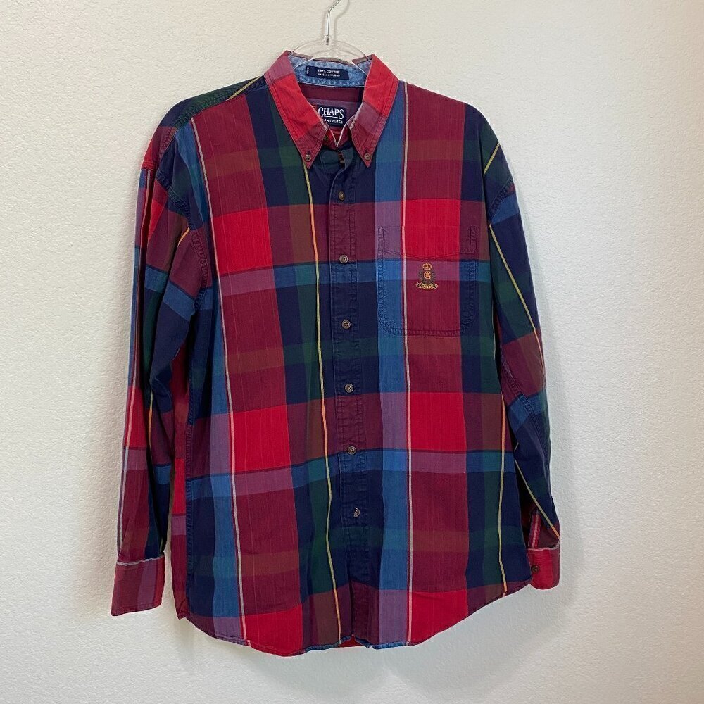 Vintage 90s Chaps Ralph Lauren Multicolor Plaid Crest Shirt 100% Cotton